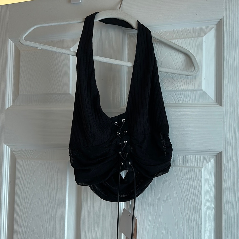 Tiger Mist Halter Lace Up Top, Cropped